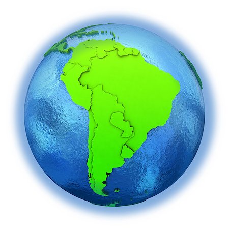 simsearch:400-08729859,k - South America on elegant green 3D model of planet Earth with realistic watery blue ocean and green continents with visible country borders. 3D illustration isolated on white background. Photographie de stock - Aubaine LD & Abonnement, Code: 400-08729752