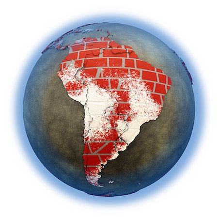 simsearch:400-08770504,k - South America on brick wall model of planet Earth with continents made of red bricks and oceans of wet concrete. Concept of global construction. 3D illustration isolated on white background. Foto de stock - Super Valor sin royalties y Suscripción, Código: 400-08729762