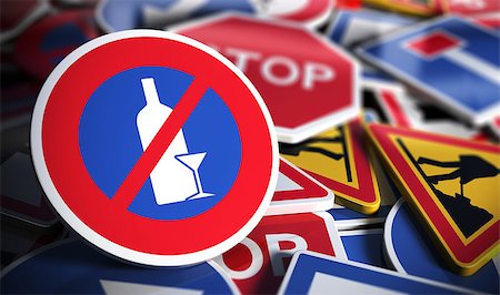 sobriety - 3D illustration of road signs with focus on a phohibition roadsign with a glass and a bottle. Foto de stock - Super Valor sin royalties y Suscripción, Código: 400-08729923