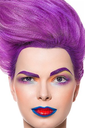 swag - Violet hair women posing, strong attractive woman, bright make-up, shirt hair, hairstyle, studio shoot, white background, clean skin, mood Stock Photo - Budget Royalty-Free & Subscription, Code: 400-08729996