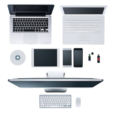 simsearch:400-09222181,k - Laptops, desktop computer, smartphones, cd, usb stick and tablet on hi-tech white desktop, multiplatform and information technology concept Fotografie stock - Microstock e Abbonamento, Codice: 400-08734118