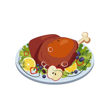 roast turkey on plate - Roasted Turkey Ham with Vegetables and Apples on a Dish. Vector Illustartion Stock Photo - Budget Royalty-Free & Subscription, Code: 400-08734187