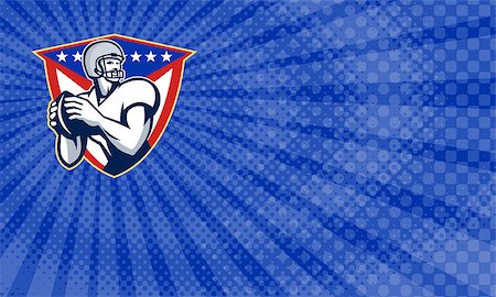 simsearch:400-07316059,k - Business card showing Illustration of an american football gridiron quarterback player throwing ball facing side set inside crest shield with stars and stripes flag done in retro style. Photographie de stock - Aubaine LD & Abonnement, Code: 400-08734322