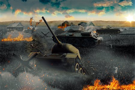 simsearch:400-08791766,k - Tank stuck in a trench. The battle at sunset Stock Photo - Budget Royalty-Free & Subscription, Code: 400-08734694