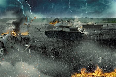 simsearch:400-07166891,k - Tank battle in the burned-out field. The attack near the village Stock Photo - Budget Royalty-Free & Subscription, Code: 400-08734693