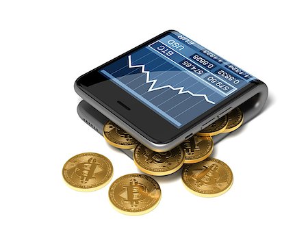 Concept Of Digital Wallet And Bitcoins. Gold Bitcoins Spill Out Of The Curved Smartphone. 3D Illustration. Stock Photo - Budget Royalty-Free & Subscription, Code: 400-08734824