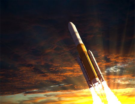 simsearch:400-08705583,k - Rocket Taking Off In The Rays Of The Sun. 3D Illustration. Photographie de stock - Aubaine LD & Abonnement, Code: 400-08734826