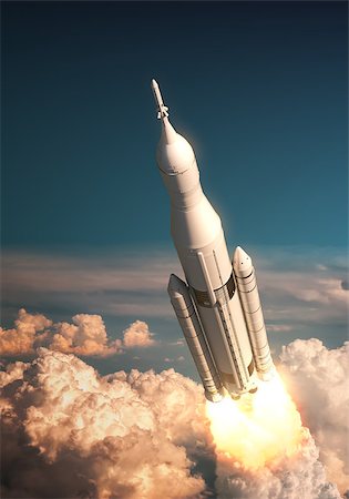 Space Launch System Takes Off Over The Clouds. 3D Illustration. Photographie de stock - Aubaine LD & Abonnement, Code: 400-08735306