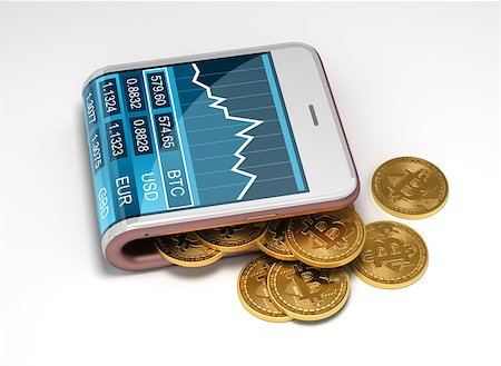 simsearch:400-08263202,k - Concept Of Pink Virtual Wallet And Bitcoins. Gold Bitcoins Spill Out Of The Curved Smartphone. The Screen Shows A Graph Of The Bitcoin Price Chart And Other Currencies. 3D Illustration. Stockbilder - Microstock & Abonnement, Bildnummer: 400-08735302