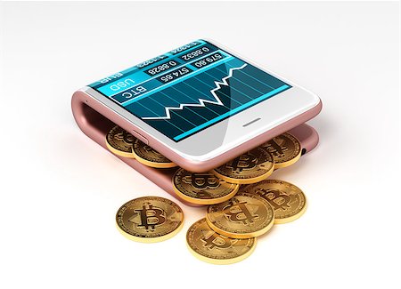 simsearch:400-08263202,k - Concept Of Virtual Wallet And Bitcoins. Gold Bitcoins Spill Out Of The Pink Curved Smartphone. The Screen Shows A Graph Of The Bitcoin Price Chart And Other Currencies. 3D Illustration. Stockbilder - Microstock & Abonnement, Bildnummer: 400-08735303