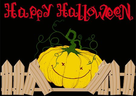 sharpner (artist) - holiday card with smiling Halloween pumpkin that looks through broken fence Stockbilder - Microstock & Abonnement, Bildnummer: 400-08735747