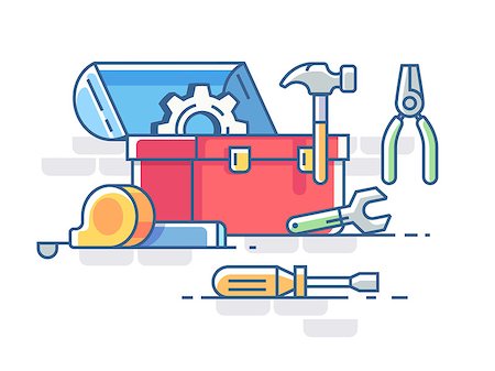 simsearch:700-01792289,k - Open box with tools. Pliers and hammer, screwdriver and roulette. Vector illustration Fotografie stock - Microstock e Abbonamento, Codice: 400-08735791