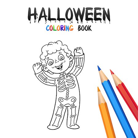 Cheerful Boy in Halloween Costume skeleton. Halloween Coloring Book. Illustration for children vector cartoon character isolated on white background. Stock Photo - Budget Royalty-Free & Subscription, Code: 400-08736874