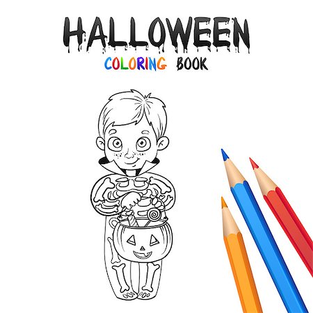 Cheerful trick or treating in Halloween costume kid skeleton. Halloween Coloring Book. Illustration for children vector cartoon character isolated on white background. Stock Photo - Budget Royalty-Free & Subscription, Code: 400-08736871