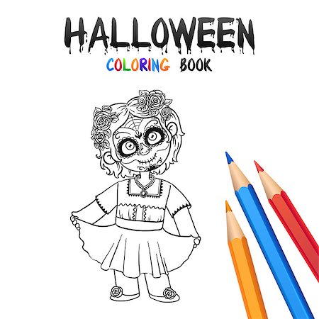 Cheerful Girl in Halloween Costume Dead Girl Skull. Halloween Coloring Book. Santa Muerte concept. Illustration for children vector cartoon character isolated on white background. Stock Photo - Budget Royalty-Free & Subscription, Code: 400-08736872