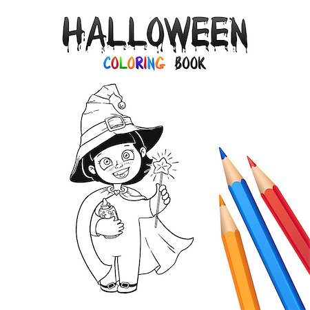 Little Witch Girl in Halloween Costume and Hat. Halloween Coloring Book. Illustration for children vector cartoon character isolated on white background. Stock Photo - Budget Royalty-Free & Subscription, Code: 400-08736873