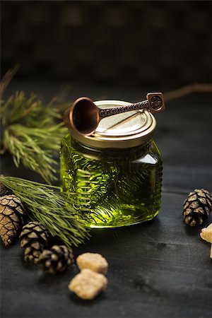 flowers in jam jar - Fir tree bump jam on wooden background Stock Photo - Budget Royalty-Free & Subscription, Code: 400-08737104