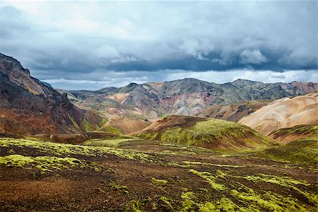 Valley National Park Landmannalaugar. On the gentle slopes of the mountains are snow fields and glaciers. Magnificent Iceland in the August Stock Photo - Budget Royalty-Free & Subscription, Code: 400-08737261