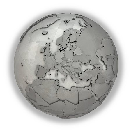 simsearch:400-08729865,k - Europe on 3D model of metallic planet Earth made of steel plates with embossed countries. 3D illustration isolated on white background. Photographie de stock - Aubaine LD & Abonnement, Code: 400-08730058