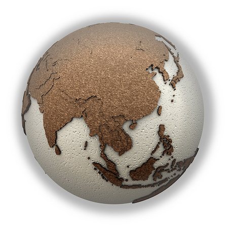 simsearch:400-08729852,k - Southeast Asia on 3D model of planet Earth with oceans made of polystyrene and continents made of cork with embossed countries. 3D illustration isolated on white background. Stock Photo - Budget Royalty-Free & Subscription, Code: 400-08730062