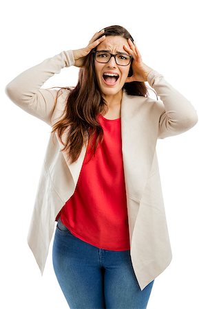simsearch:6102-05802624,k - Portrait of a stressed woman with hands on head and yelling Stock Photo - Budget Royalty-Free & Subscription, Code: 400-08730077