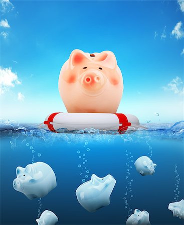 simsearch:640-02776279,k - Piggy bank on buoy floating on water with sinking piggy banks Fotografie stock - Microstock e Abbonamento, Codice: 400-08730151