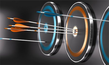 excel - 3D illustration of targets ans arrow with focus on three orange arrows in the center of one target Stock Photo - Budget Royalty-Free & Subscription, Code: 400-08731661