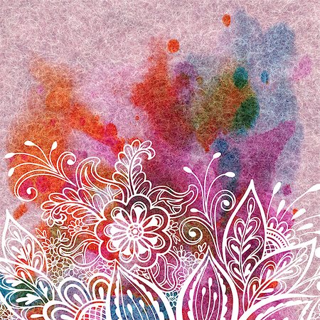 simsearch:622-06369308,k - Colorful Background, Floral Outline Ornament, Symbolical White Flowers and Leafs Contours on Abstract Hand-Draw Watercolor Painting on Wool Fabric Stock Photo - Budget Royalty-Free & Subscription, Code: 400-08731662