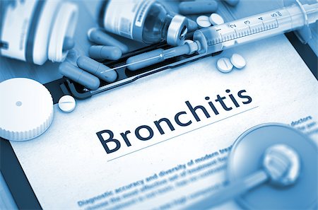 Bronchitis - Medical Report with Composition of Medicaments - Pills, Injections and Syringe. 3D Render. Stock Photo - Budget Royalty-Free & Subscription, Code: 400-08732015