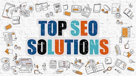 simsearch:400-07045079,k - Top SEO Solutions - Multicolor Concept with Doodle Icons Around on White Brick Wall Background. Modern Illustration with Elements of Doodle Design Style. Stock Photo - Budget Royalty-Free & Subscription, Code: 400-08732061