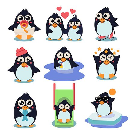 penguins swimming - Penguin set illustration, with penguins in different situations like dancing, fishing, winter, swimming, eating, in love collection. Stock Photo - Budget Royalty-Free & Subscription, Code: 400-08732231