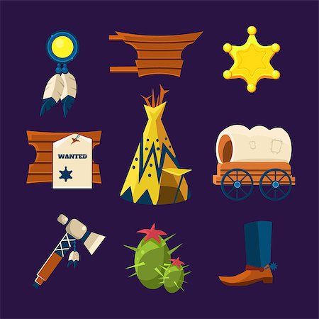 Wild west cowboy flat icons set with gun money bag hat isolated illustration Stock Photo - Budget Royalty-Free & Subscription, Code: 400-08732247
