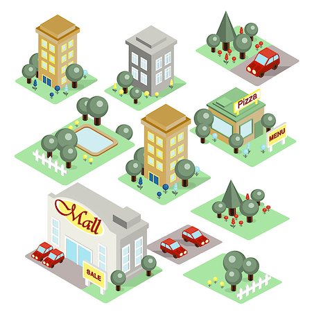 storefronts with flowers - Set of the isometric city buildings, shops and other elements Stock Photo - Budget Royalty-Free & Subscription, Code: 400-08732269