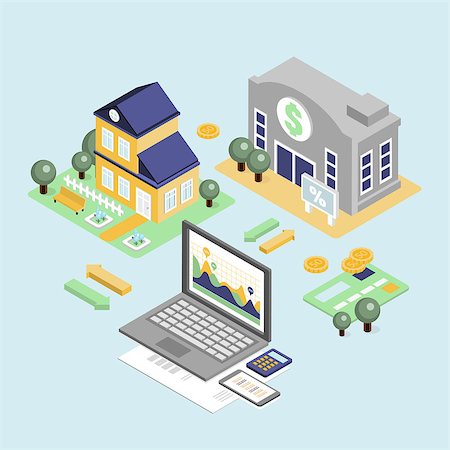 symbols of home budget - Bank credit and home loan concept with isometric house and financial icons illustration Stock Photo - Budget Royalty-Free & Subscription, Code: 400-08732318