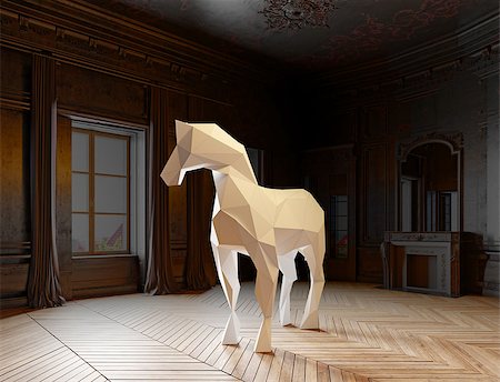 polygonal - low-poly style horse in the luxury interior. 3d rendering concept Foto de stock - Super Valor sin royalties y Suscripción, Código: 400-08732404