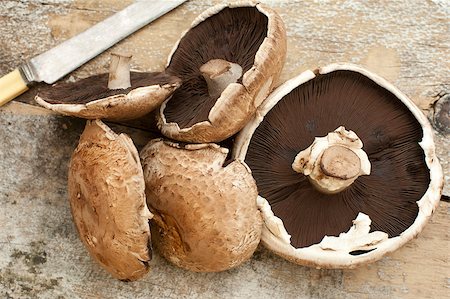 stockarch (artist) - Group of five large tasty portobello mushroom caps besides knife on a rustic table Stock Photo - Budget Royalty-Free & Subscription, Code: 400-08732411