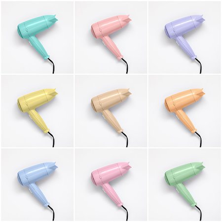 Collage of colorful hair dryers on white paper background Stock Photo - Budget Royalty-Free & Subscription, Code: 400-08733102