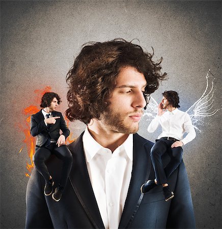 Businessman with thoughtful expression between an angel and a devil Stock Photo - Budget Royalty-Free & Subscription, Code: 400-08749059