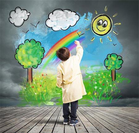 disruption concept - Child color a sunny landscape on a gray wall with cloud Stock Photo - Budget Royalty-Free & Subscription, Code: 400-08749315