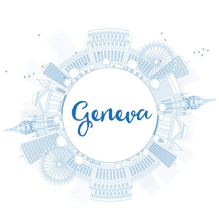 Outline Geneva skyline with blue landmarks and copy space. Vector illustration. Business travel and tourism concept with place for text. Image for presentation, banner, placard and web site. Foto de stock - Super Valor sin royalties y Suscripción, Código: 400-08749389