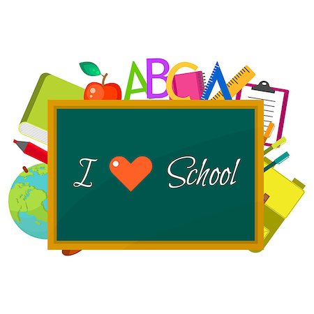 simsearch:400-06408282,k - School supplies vector clip art objects. Blackboard i love school banner template with education objects - backpack, globe, books and stationery items. Photographie de stock - Aubaine LD & Abonnement, Code: 400-08749414