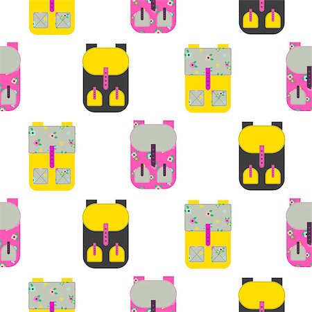 education camp - Backpack seamless white vector pattern. Yellow and pink rucksack background. Stock Photo - Budget Royalty-Free & Subscription, Code: 400-08749417