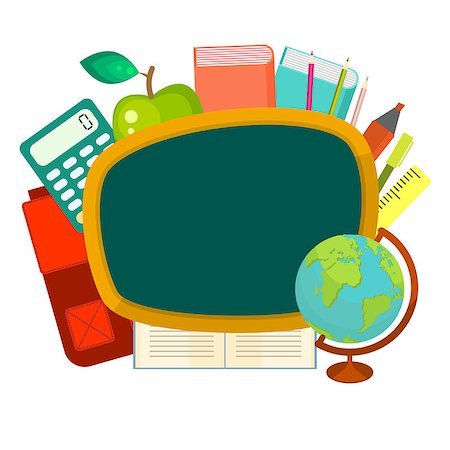 School supplies vector clip art objects. Blackboard banner template with education objects - backpack, globe, books and stationery items. Foto de stock - Super Valor sin royalties y Suscripción, Código: 400-08749413