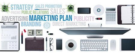 simsearch:400-08749588,k - Marketing and communication concepts on a business desktop with computer, tablet and smartphone, top view Stock Photo - Budget Royalty-Free & Subscription, Code: 400-08749592