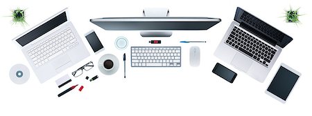 simsearch:400-08749588,k - Hi-tech business desktop with computers set, digital tablet and smartphone, information technology and multiplatform concept, top view, white background Stock Photo - Budget Royalty-Free & Subscription, Code: 400-08749593