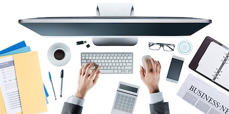 Businessman working at computer at office desk, top view Stock Photo - Budget Royalty-Free & Subscription, Code: 400-08749619