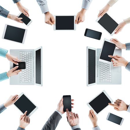 simsearch:400-08749588,k - Business people team social networking and using computers, tablets and smartphones, top view, white background, blank copy space at center Stock Photo - Budget Royalty-Free & Subscription, Code: 400-08749667