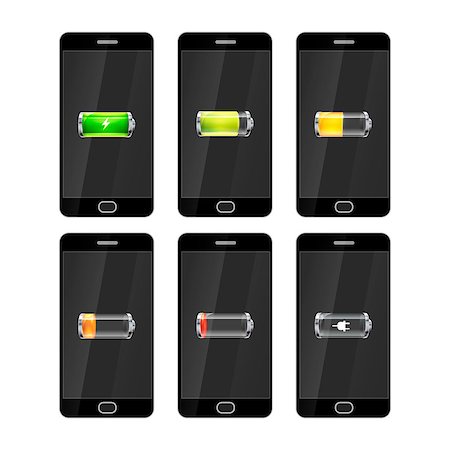 Set of six black smartphones with glossy batteries icons with different charge level Stock Photo - Budget Royalty-Free & Subscription, Code: 400-08749746