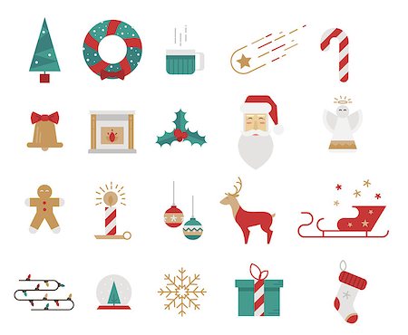 simsearch:400-09084472,k - Icons style flat. Christmas elements mistletoe, tree, Santa Claus. Bright icons for prints, posters and websites Stock Photo - Budget Royalty-Free & Subscription, Code: 400-08754014