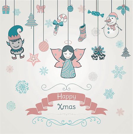 snowman snow angels - Colorful Hand Drawn Artistic Christmas Doodle Invitation GreetingCard. Xmas Vector Illustration. Sketched Decorative Design Elements, Cartoons. New Year Photographie de stock - Aubaine LD & Abonnement, Code: 400-08754085